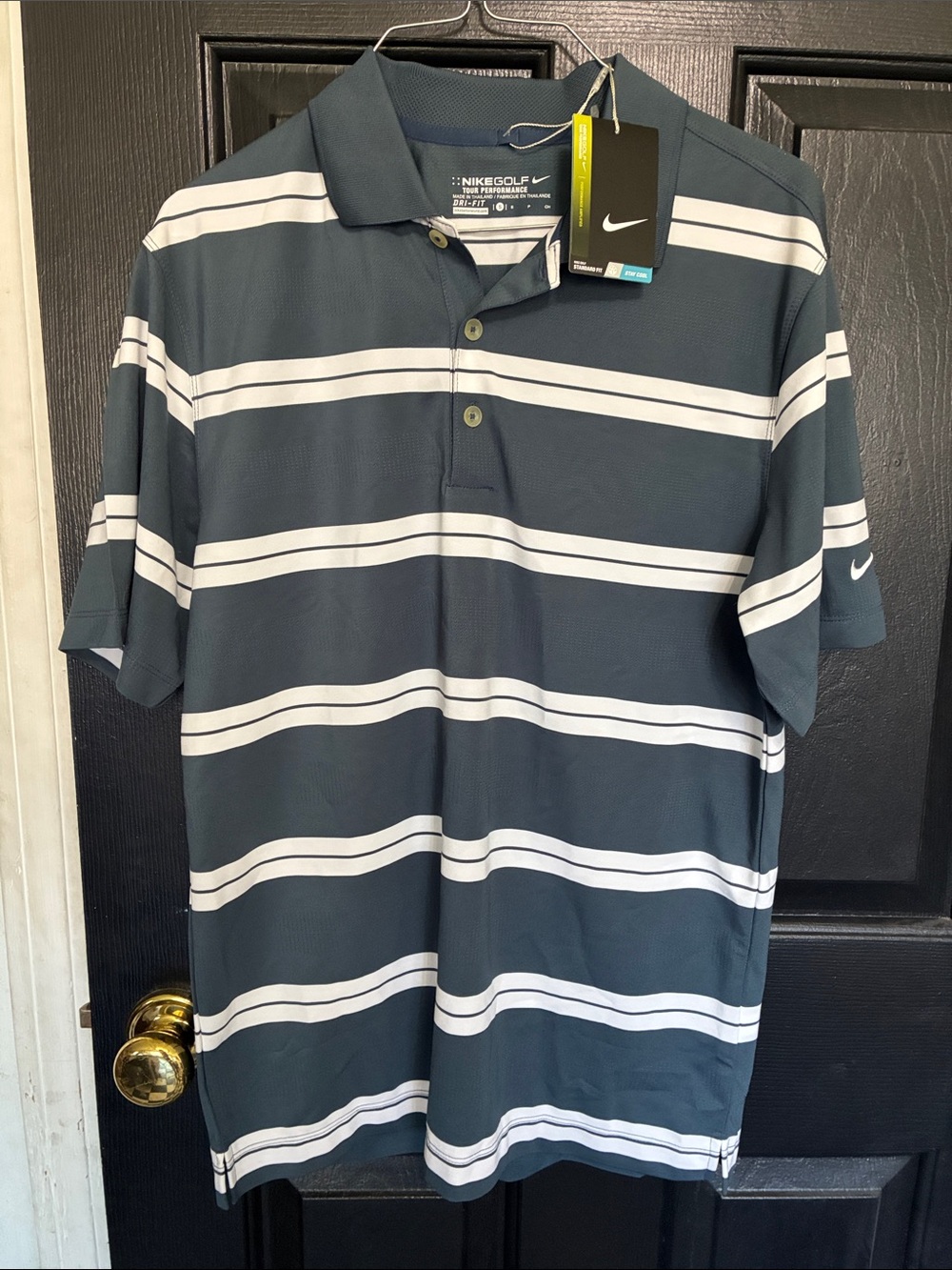 Nike Men's Dark Teal and White Striped Polo Shirt